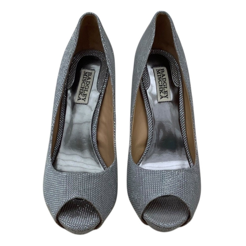 Badgley Mischka Silver Metallic Mesh Peep Toe Platform Pumps Heels Womens 8.5M